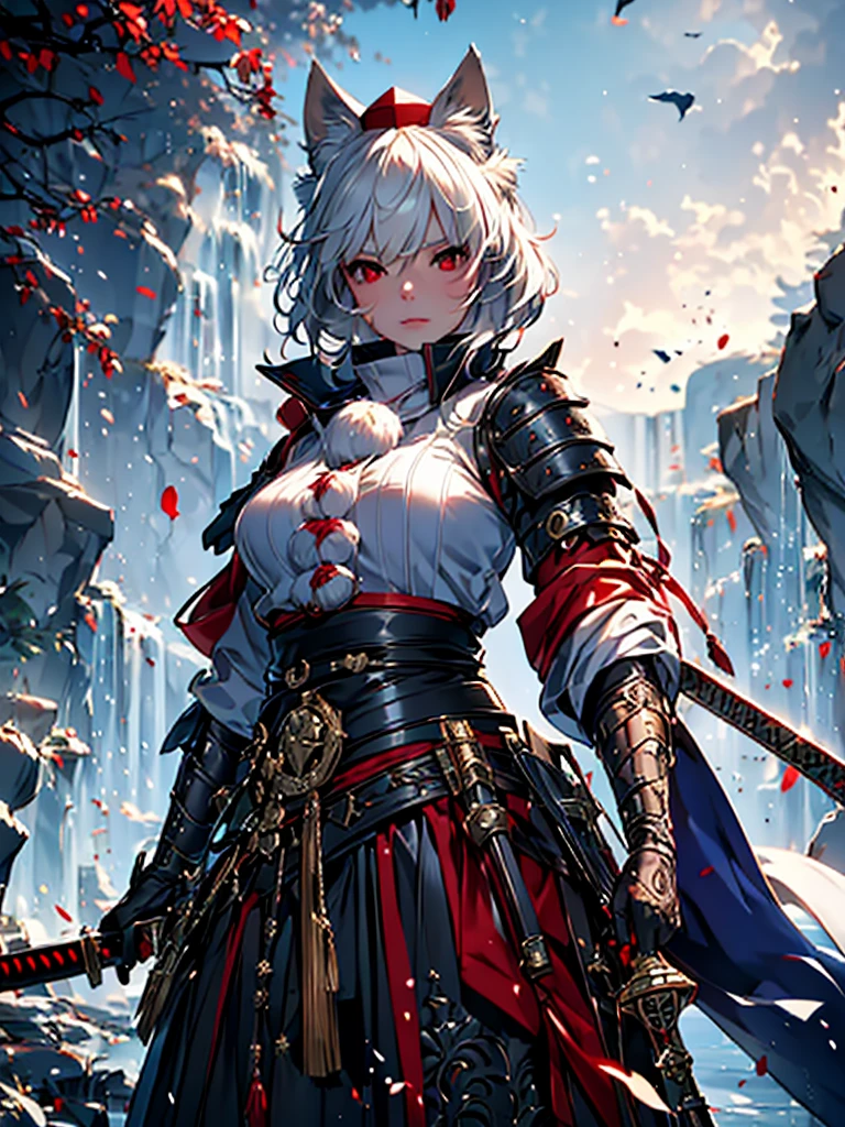 a detailed portrait of inubashiri_momiji_touhou, a girl with animal ears, wolf ears, short white hair, red eyes, wearing a tokin hat, with a wolf tail, blushing, with breasts, wearing medieval armor, Dark blue Scaly breast armor, dark blue skirt, bare legs, katana, (best quality,4k,8k,highres,masterpiece:1.2),ultra-detailed,(realistic,photorealistic,photo-realistic:1.37),highly detailed face, extremely detailed eyes and face, longeyelashes, detailed facial features, intricate armor textures, detailed fur textures, detailed medieval fantasy style, warm color tones, dramatic lighting