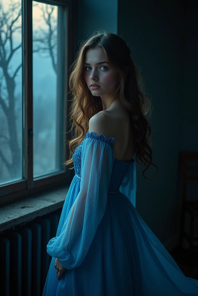 a 16 year old girl in a blue dress, wavy brown hair, blue eyes, dark atmosphere