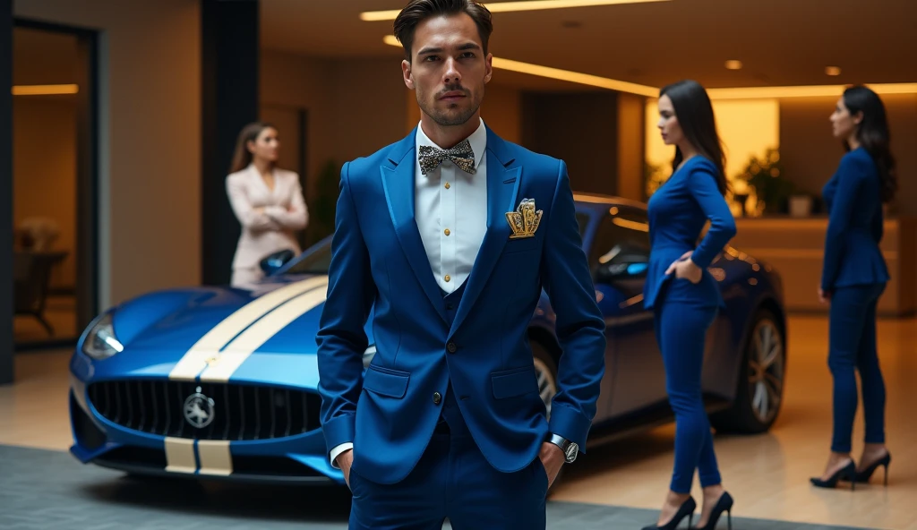 A charismatic young magician, blue formal dress with gold, with jewelry and dollars coming out of his pocket, is standing confidently. Next to you, two stunning women, dressed in sophisticated and minimalist clothes, super sexy, representing wealth and attraction. Ao fundo, a ferrari car and helicopter with women beside. High-end sports cars, like a Porsche and an Aston Martin, are highlighted, highlighting a life of wealth and luxury. The scene captures the essence of magical opulence and financial success., with each element emphasizing ultra-royal wealth and prestige, money, wealth, might, dollars, gold