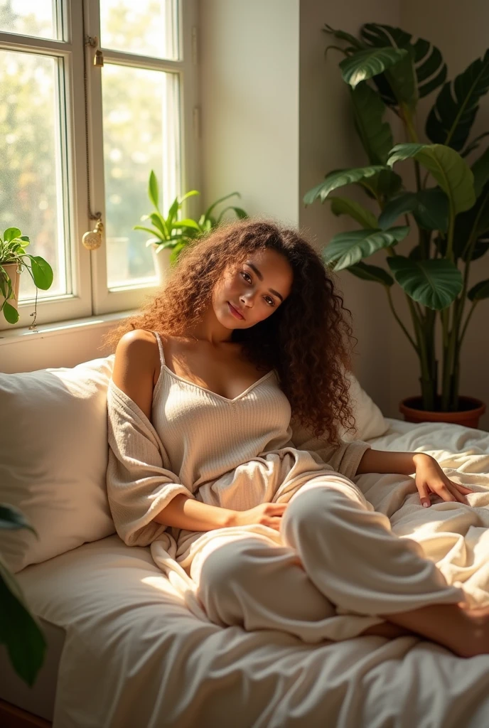 (photorealism:1.2), beautiful woman, sitting on bed, wearing loose off-shoulder top, pajama pants, long curly hair, indoors, soft lighting, plants in background, window with sunlight, cozy room, relaxed pose, realistic, intricate details, warm colors, by Greg Rutkowski, by Alphonse Mucha