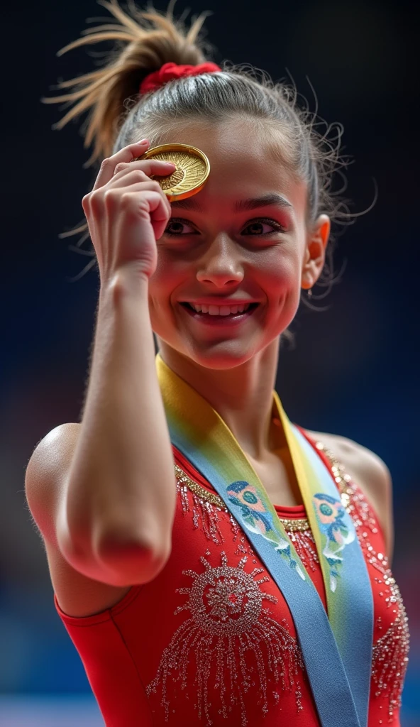 a gorgeous-faced petit blonde Olympic gold medalist, 17yo female gymnast, holding up her gold medal at award ceremony, leotard, (((vagina print))), special attention to pussy, cute, hyper realistic, 8k, cinematic lighting, award winning photography, highly detailed, masterpiece, special attention to face, most detailed image, beautiful, extremely cute
