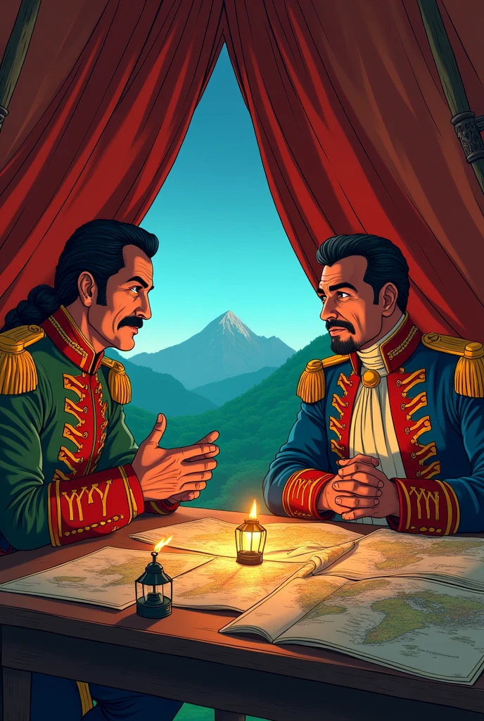 Bolívar and Sucre talking in a tent Anime style