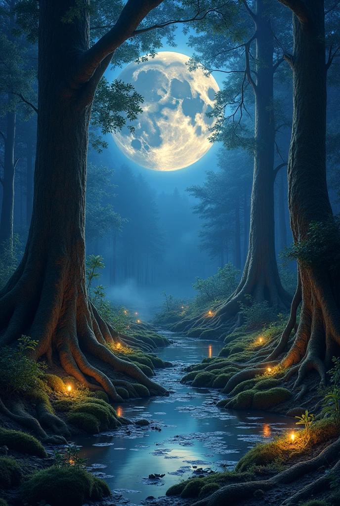 Create a realistic image with full resolution 8k cinematic quality of an enchanted forest at twilight, where the trees are tall and ancient, with moss-covered roots weaving through the forest floor. The scene is bathed in a mystical, ethereal light from a large, crescent moon partially hidden behind wispy clouds. Fireflies hover around the base of the trees, their bioluminescent glow creating a soft, magical atmosphere. In the center of the scene, a small, clear pond reflects the moon and the surrounding forest, with glowing lily pads floating on its surface. The colors should be a blend of deep blues, purples, and greens, with golden highlights from the fireflies. The composition should create a sense of wonder and depth, inviting the viewer to explore the hidden secrets of the forest. The focus should be sharp on the moon and the reflections in the pond, gradually softening as the scene extends into the darker parts of the forest.
