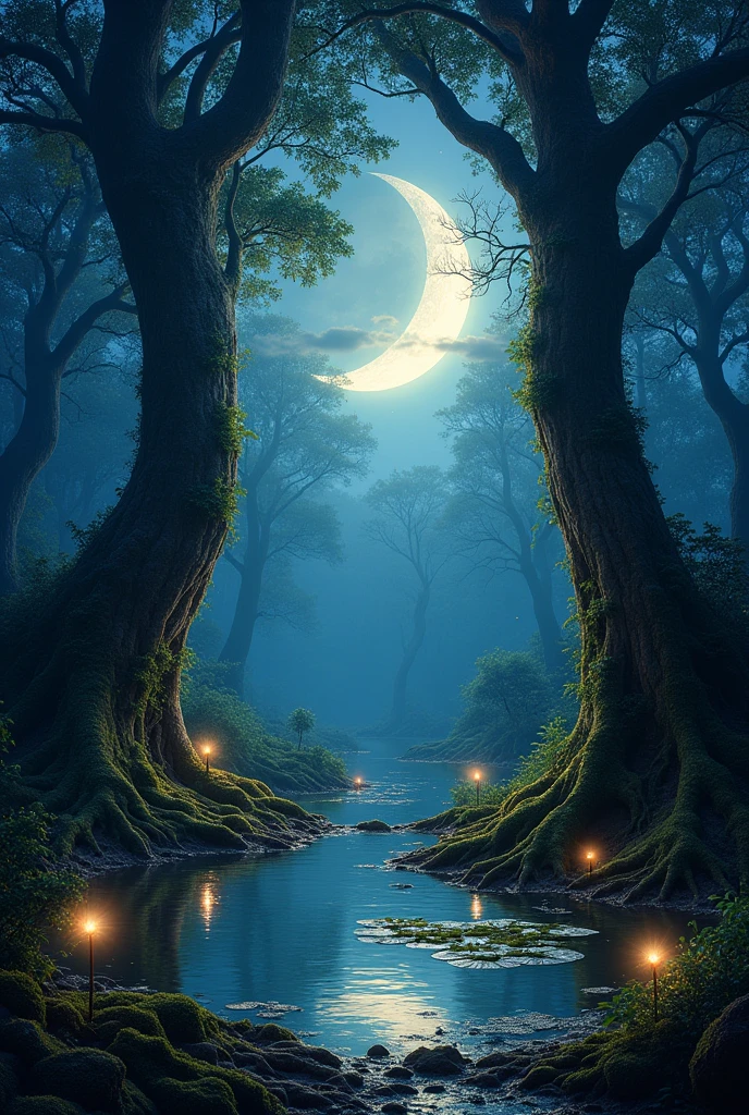 Create a realistic image with full resolution 8k cinematic quality of an enchanted forest at twilight, where the trees are tall and ancient, with moss-covered roots weaving through the forest floor. The scene is bathed in a mystical, ethereal light from a large, crescent moon partially hidden behind wispy clouds. Fireflies hover around the base of the trees, their bioluminescent glow creating a soft, magical atmosphere. In the center of the scene, a small, clear pond reflects the moon and the surrounding forest, with glowing lily pads floating on its surface. The colors should be a blend of deep blues, purples, and greens, with golden highlights from the fireflies. The composition should create a sense of wonder and depth, inviting the viewer to explore the hidden secrets of the forest. The focus should be sharp on the moon and the reflections in the pond, gradually softening as the scene extends into the darker parts of the forest.