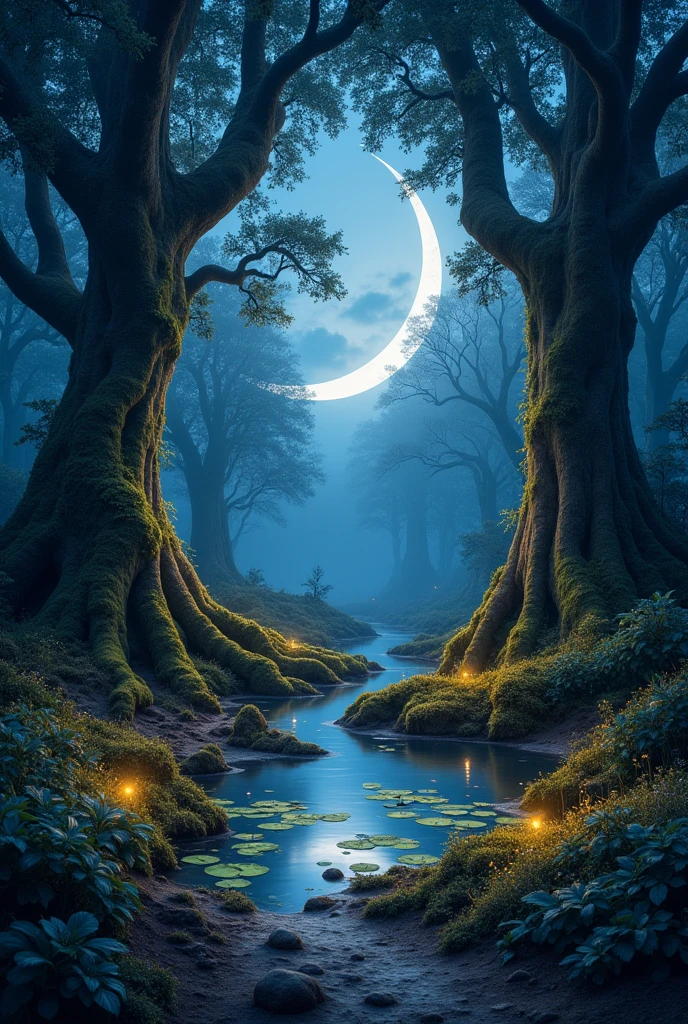 Create a realistic image with full resolution 8k cinematic quality of an enchanted forest at twilight, where the trees are tall and ancient, with moss-covered roots weaving through the forest floor. The scene is bathed in a mystical, ethereal light from a large, crescent moon partially hidden behind wispy clouds. Fireflies hover around the base of the trees, their bioluminescent glow creating a soft, magical atmosphere. In the center of the scene, a small, clear pond reflects the moon and the surrounding forest, with glowing lily pads floating on its surface. The colors should be a blend of deep blues, purples, and greens, with golden highlights from the fireflies. The composition should create a sense of wonder and depth, inviting the viewer to explore the hidden secrets of the forest. The focus should be sharp on the moon and the reflections in the pond, gradually softening as the scene extends into the darker parts of the forest.