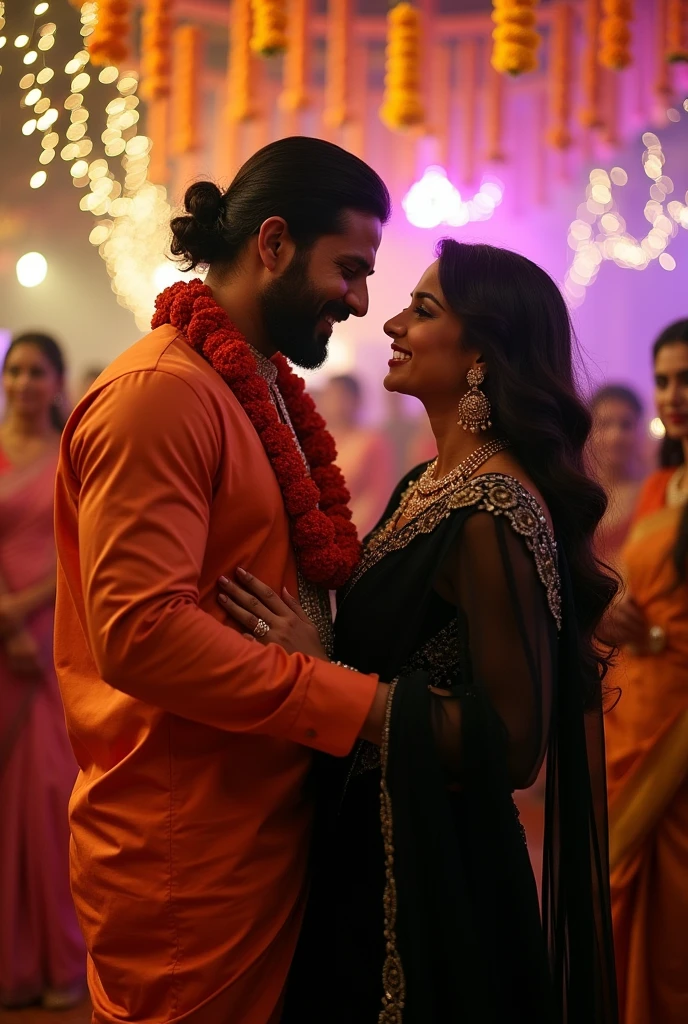 Russian,hot model hourglass body, wearing black saree,in the wedding, muscular Hindu pandit, dancing together.