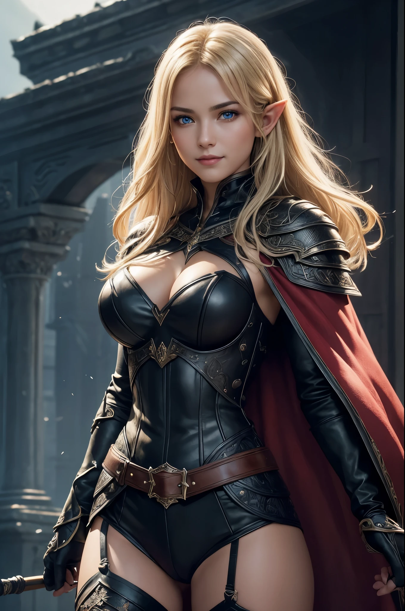 8k,Ultra-high resolution、Masterpiece、Big smile、Photorealistic、Astonishingly beautiful realistic portrait of a Western woman、Beautiful Woman Photos、Symmetrical, realistic face with great detail、Highly detailed textures、Bright colors、Detailed background elements、Deep sense of depth、Unique lighting effects、Complex composition techniques、Camera angles that emphasize the beauty of the character and environment、 Depth and atmosphere、Elaborate details and clarity、((Elvish、expensive、Bust Shot、Focus from the chest up,Lean and muscular physique、Ultra detailed face、Ultra-realistic textures、Detailed eyes、High quality eyes、High quality face、Shining Face、blue eyes))、(((Blonde、Perfect hands)))、In front of the city gates,(Extremely intricate black leather armor、Red Cape、Leather Belt、Knee-high boots、Black gloves、Bracers))、ダークFantasy、Detailed hand drawing、Looking at the audienceください,Mysterious look、Fantasyの背景、Rim Light、Ultra-high resolution、Film Grain、Best Shadow、delicate、to be born、Particles of light、Fine skin、Intricate details、Very detailed、A powerful deception、 Fantasy,Perfect lighting、Looking at the audience、Cinema Lighting、wonderful,Muscular Beauty,Dynamic pose,Very large breasts,