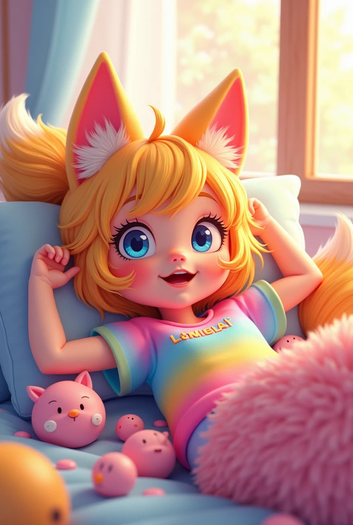 a cartoon 2d human girl ??? with a fox tail wearing a pink, yellow, and blue gradient shirt laying on her back on top of a bed. She’s pantsless and bottomless.