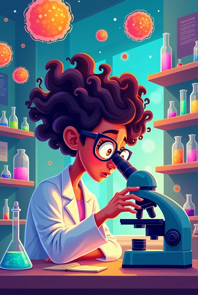 a cartoon drawing of a biologist intently observing a cell under a microscope, in a lab