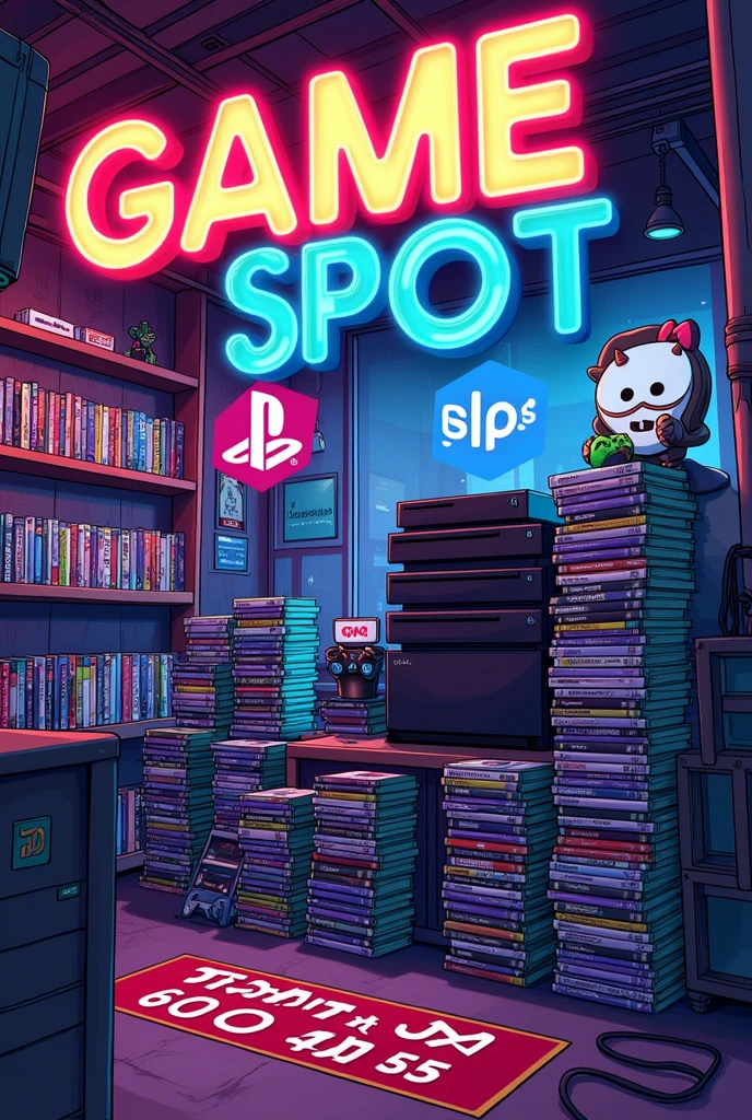 Je voudrais vendre des jeux ps4 , ps5 et Xbox . Le nom de ma boutique sera "GAME SPOT" et le numéro de téléphone whatsapp à contacter pour acheter des jeux sera "656 97 43 63". A partir de ces informations , je voudrais que tu me generes une affiche attrayante de vente de jeux vidéos , l'image doit bien refleter des étuis de jeux ps4 et xbox aussi ajoute aussi des consoles ps4 et xbox et ps4 , ajoutes des piles de jeux videos ps4 et xbox a limage ,inclues aussi une identification visuelle de la marque Ps4 , et Xbox aussi , en incluant sur limage le nom de ma boutique et aussi le numero de telephone whatsapp a contacter 656 97 43 63 