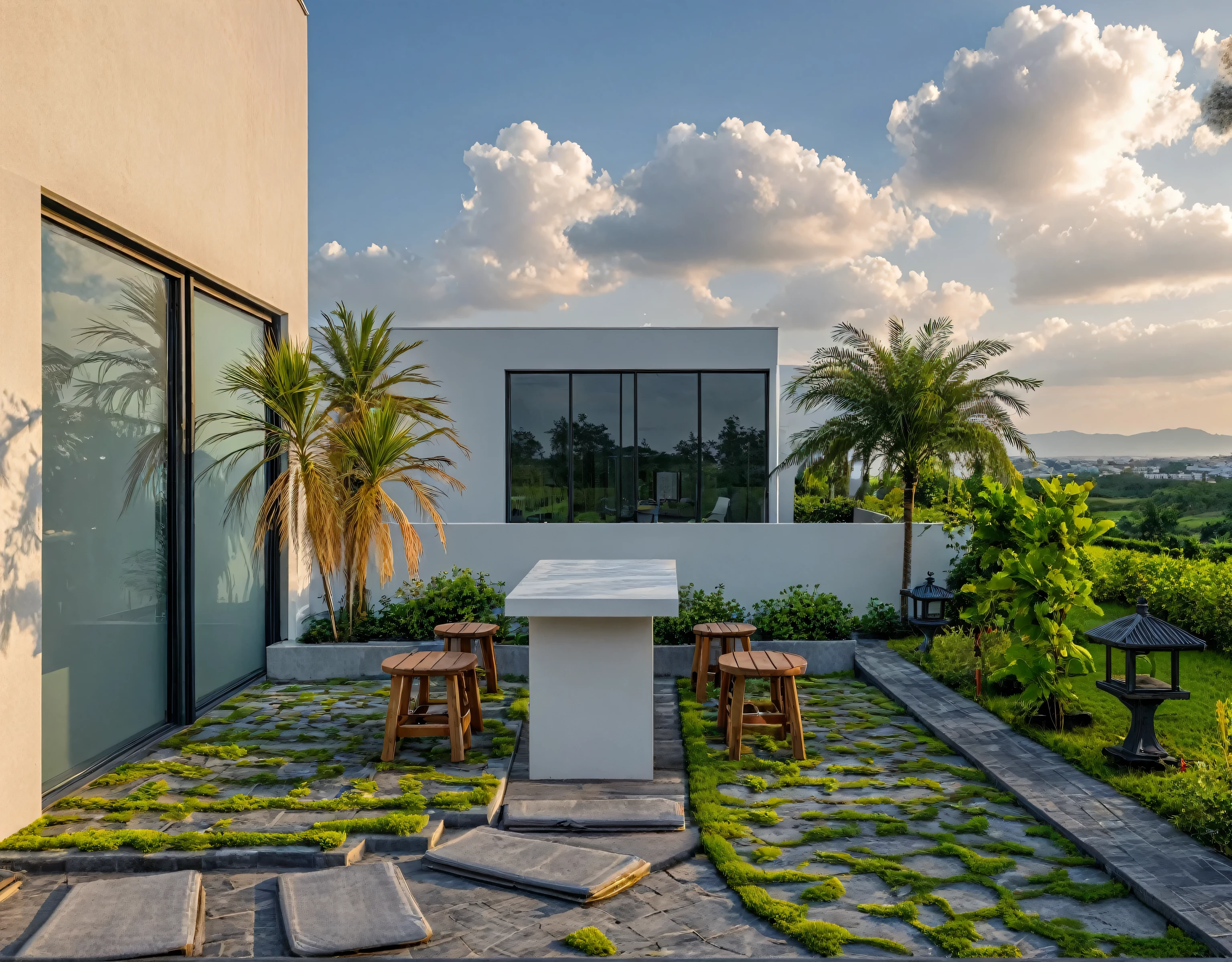 RAW PHOTO, Masterpiece, high quality, best quality, authentic, super detail, outdoors, onestoreyvillaXL, aiaigroup, house style modern on the street ,stairs, white wall ,road,pavement, grass, trees, sky, cloud, (daylight:1.1),the surrounding scenery for my rooftop garden.background, japanist,
