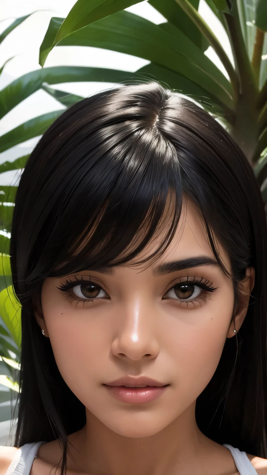 face of a beautiful woman with tropical latin skin with black hair, close up on her face, we can see her face from the front. front view