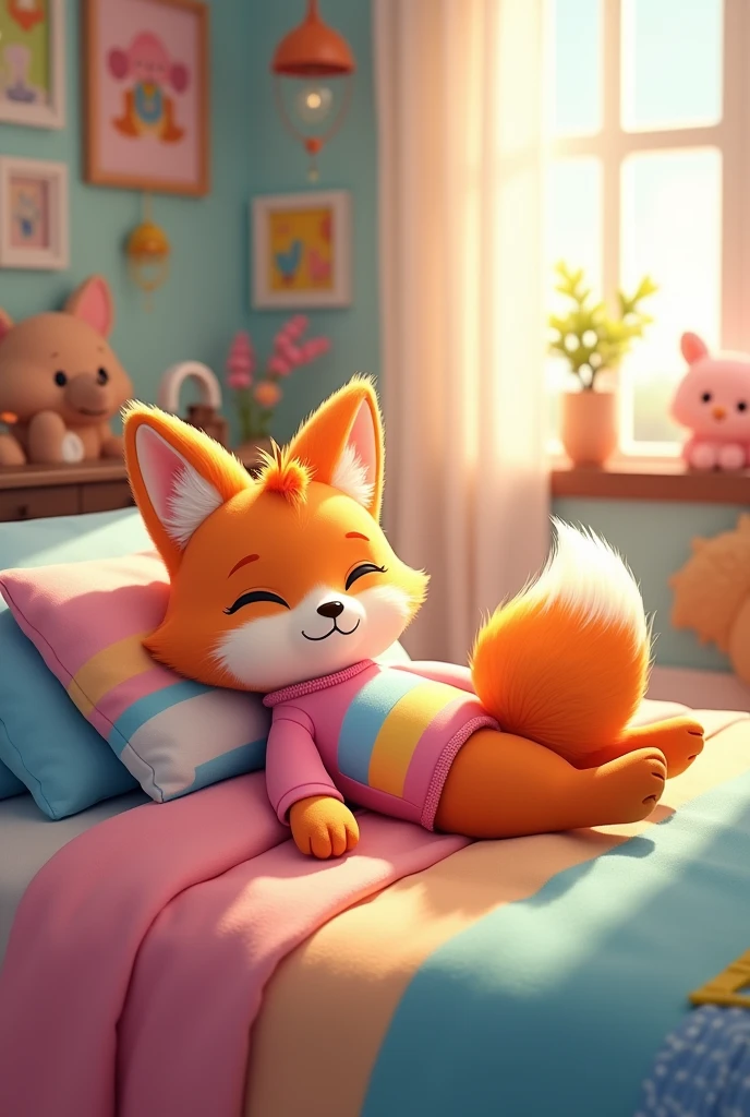 a cartoon 2d anthropomorphic fox girl kid wearing a pink, yellow, and blue gradient shirt laying on her back on top of a bed. She’s pantsless and bottomless. Her underbelly fur is visible.