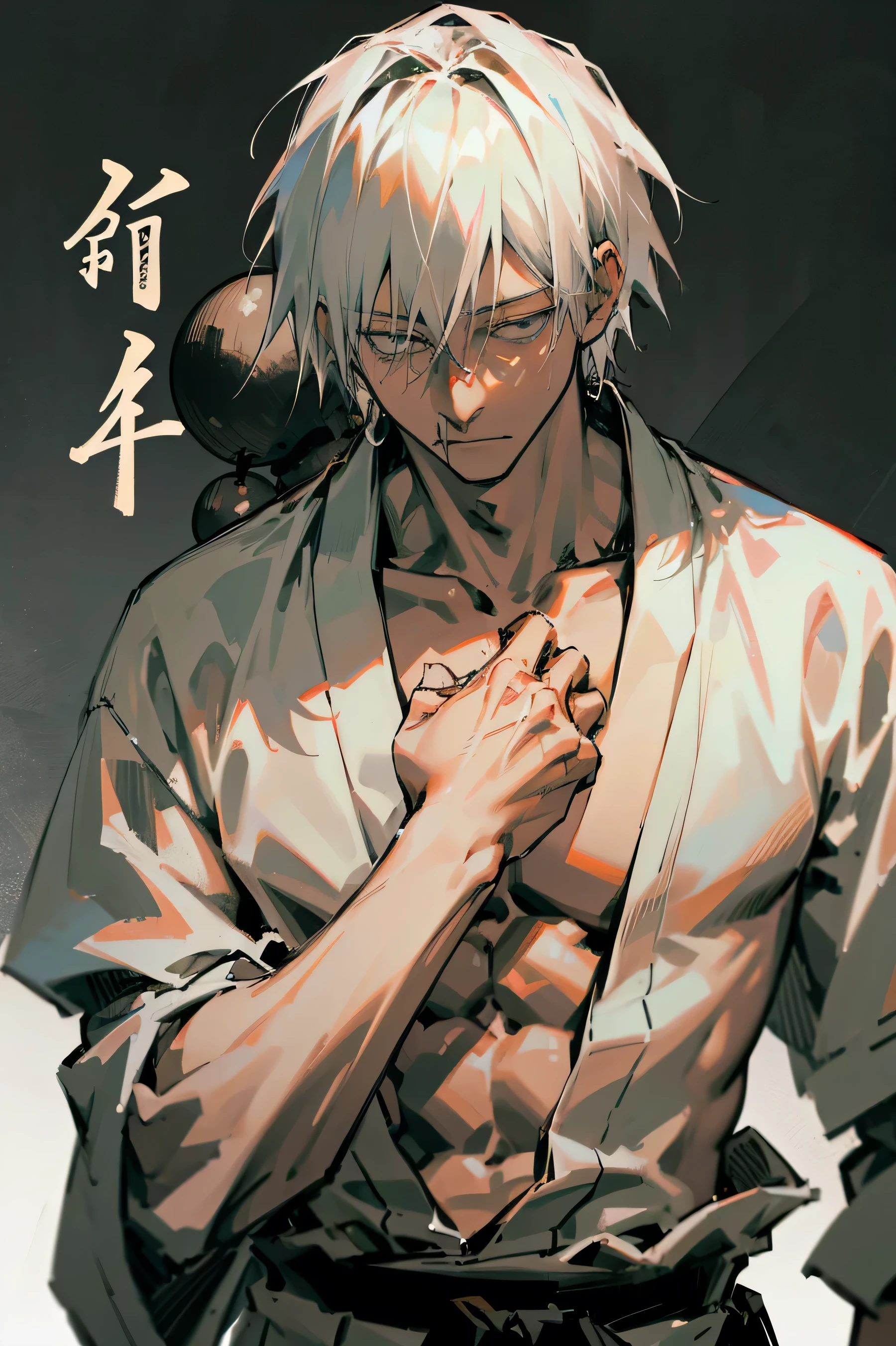 1 naughty man, naughty man, White hair, grey-eyed, calm expression, open black yukata with white details, Japanese battlefield background, wearing no shirt, Hands to the side, face detailed, stopped on the way, detailed back ground, prayer beads around the body
