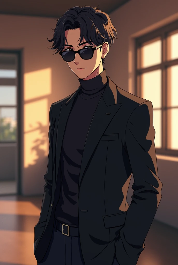 A stylish anime 25 year old boy standing confidently in front of a camera. He is wearing a sleek hodi and sunglasses, exuding a cool and fashionable vibe. The boy has a modern, trendy haircut, and his pose is casual yet confident, embodying a youthful, stylish aura. The background suggests a minimalistic indoor setting, with soft lighting that highlights the boy's features and outfit.