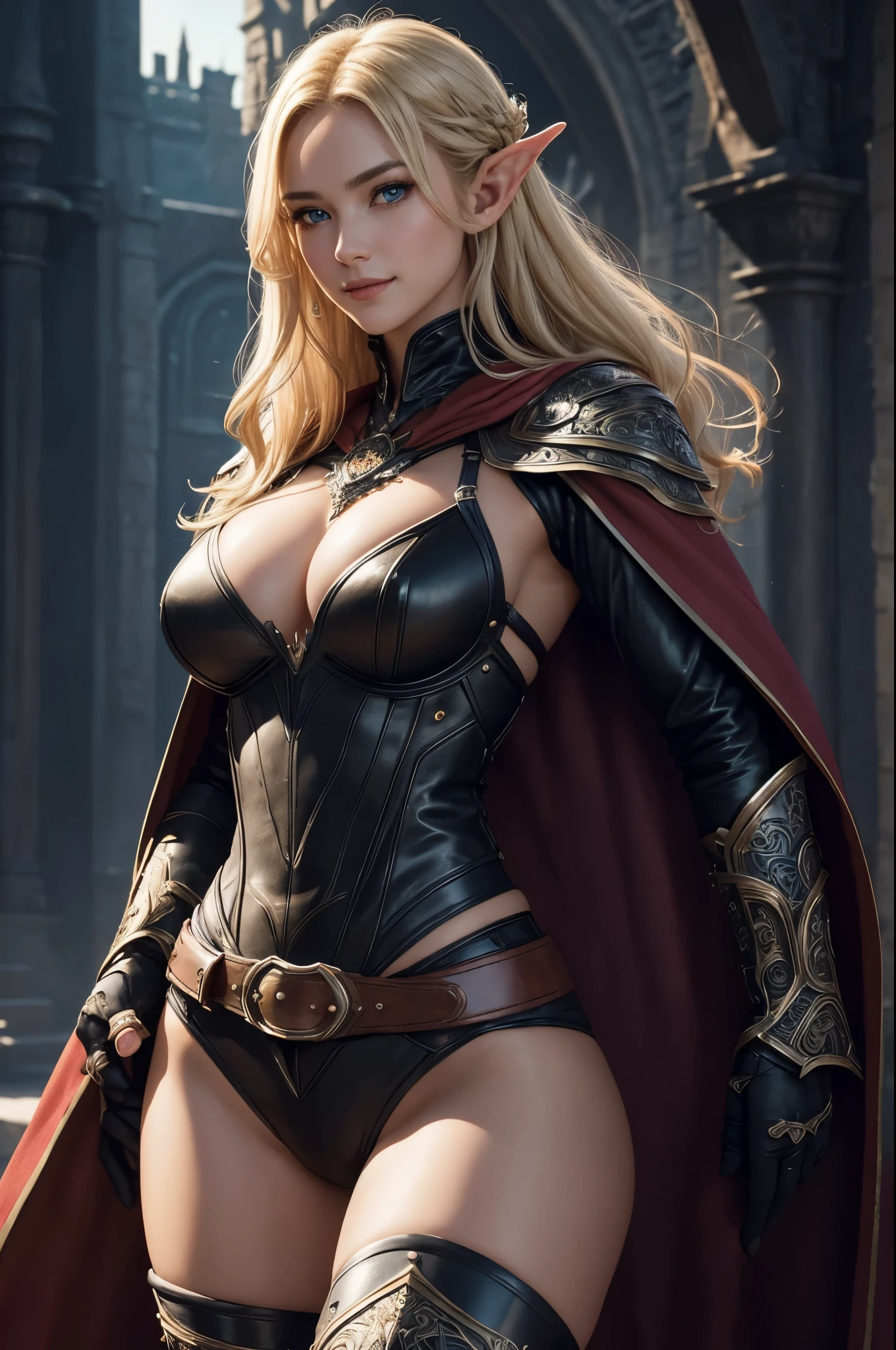 8k,Ultra-high resolution、Masterpiece、Big smile、Photorealistic、Astonishingly beautiful realistic portrait of a Western woman、Beautiful Woman Photos、Symmetrical, realistic face with great detail、Highly detailed textures、Bright colors、Detailed background elements、Deep sense of depth、Unique lighting effects、Complex composition techniques、Camera angles that emphasize the beauty of the character and environment、 Depth and atmosphere、Elaborate details and clarity、((Elvish、expensive、Bust Shot、Focus from the chest up,Lean and muscular physique、Ultra detailed face、Ultra-realistic textures、Detailed eyes、High quality eyes、High quality face、Shining Face、blue eyes))、(((Blonde、Perfect hands)))、In front of the city gates,(Extremely intricate black leather armor、Red Cape、Leather Belt、Knee-high boots、Black gloves、Bracers))、ダークFantasy、Detailed hand drawing、Looking at the audienceください,Mysterious look、Fantasyの背景、Rim Light、Ultra-high resolution、Film Grain、Best Shadow、delicate、to be born、Particles of light、Fine skin、Intricate details、Very detailed、A powerful deception、 Fantasy,Perfect lighting、Looking at the audience、Cinema Lighting、wonderful,Muscular Beauty,Dynamic pose,Very large breasts,