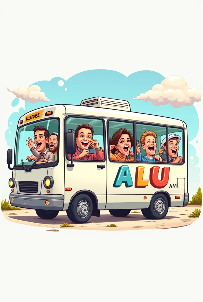 create an image of a bus in a style more like a travel company, It can be in a funny style and in 2d drawing, but it can be a simple drawing without many details. You can make the bus white and with adults instead of children., It can be a drawing with 6 adults only, and it should be a drawing with 2D lines. The bus can contain the word ALU, The drawing needs to remember that the main detail is the bus., no outlined drawing style, IT HAS TO BE A BUS