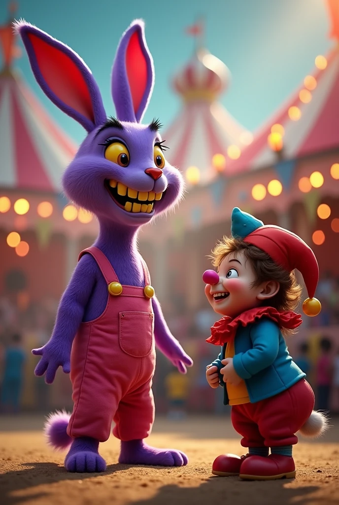 a purple rabbit WITHOUT A NOSE with yellow teeth and eyes wearing a pink humanoid farmer's outfit without a hat and a long body in a circus bothering a short court jester with blue and red clothes and brown hair