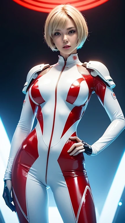 A futuristic cyber woman bionic body , beautiful breasts stands confidently in the center of a futuristic setting, wearing a white and red form-fitting, glossy soft latex armored bikini suit with intricate details. short blonde hair and she poses with one hand on her hip, medium body shot, luminous glow a soft lighting, The background interstellar war, creating a sci-fi atmosphere.