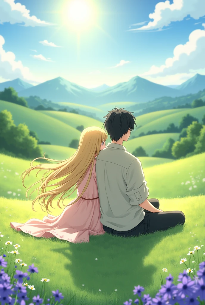 Create an image of a female anime character with blonde hair sitting on the grass next to a male character with black hair, seen from the back, with purple flowers around and with a beautiful landscape around