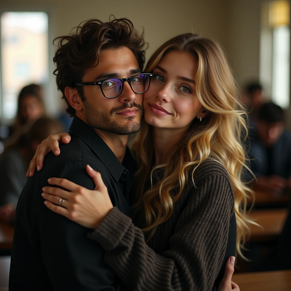 A beautiful young college girl carrying her male professor cradled in her arms in a college classroom, photorealistic, detailed facial features, beautiful eyes and lips, intricate clothing textures, warm studio lighting, cinematic composition, highly detailed, hyper realistic, 8k, masterpiece