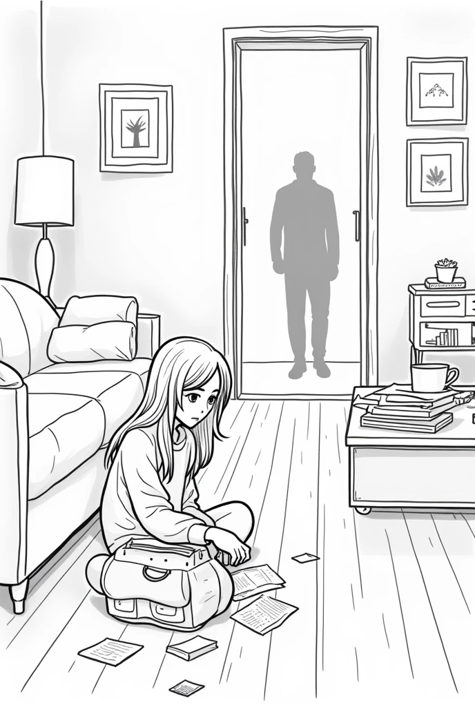 Black and white line drawing of a living room in a house**  
*One night, Kong came home earlier than usual and found Mint searching through her mother&#39;s bag.*
**Wide picture (Wide shot):** Kong opened the door and entered the house. He saw Mint sitting on the floor with documents in her hand.