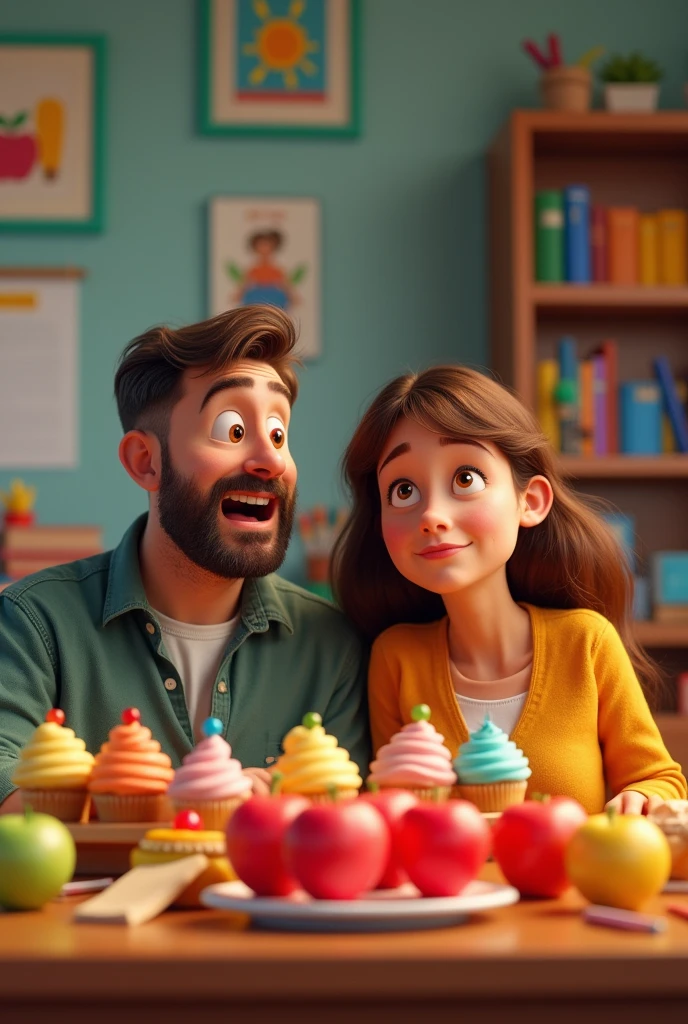 Hyper realistic, colorful Pixar style image of scene of 3D cartoon style of scene of dad and mom sitting next to the principal of school at his office, their face expression are hungry