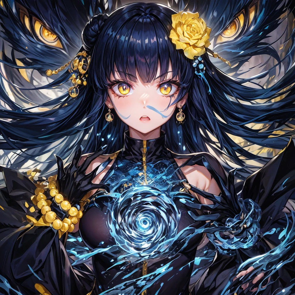 Dark blue hair, yellow eyes, pretty girl, aura