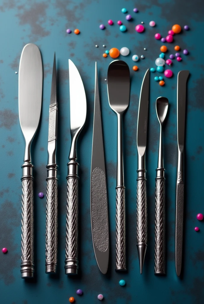 Various cutting tools Place nail, treasures, Spatulas, knives, scalpel etc. Clean and abstract image background with dark colors, preferably blue and gray. Chromed and clean tools showing that a SHARPENING service was done on them. Top-down slightly diagonal view