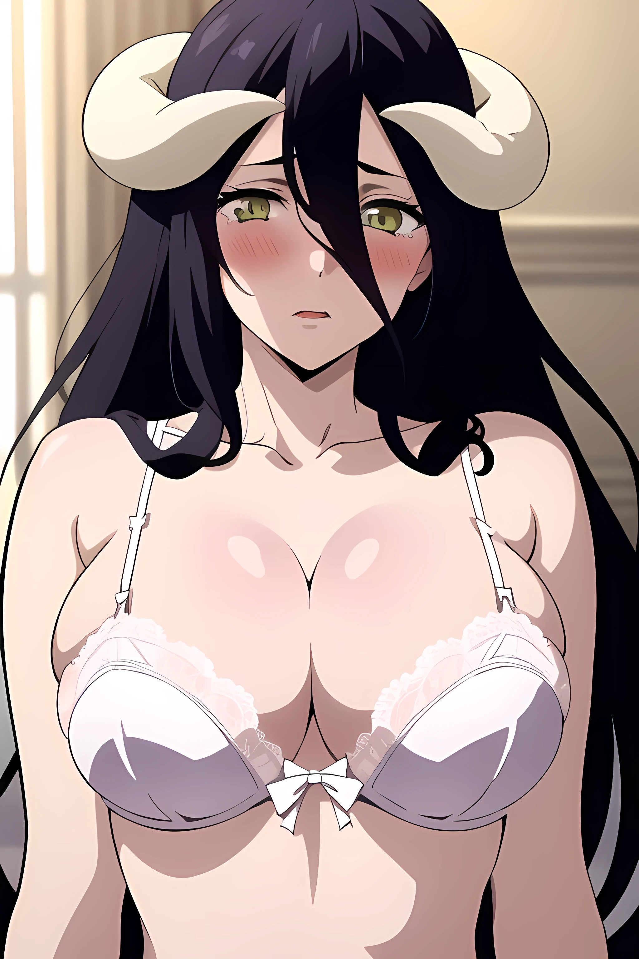 masterpiece, best quality, absurdres, perfect anatomy, 1girl, solo, big breasts, white lace bra, white lace lingerie, rounded breasts, blush, looking at viewer, white lace panties, al1, demon horns, slit pupils, upper body