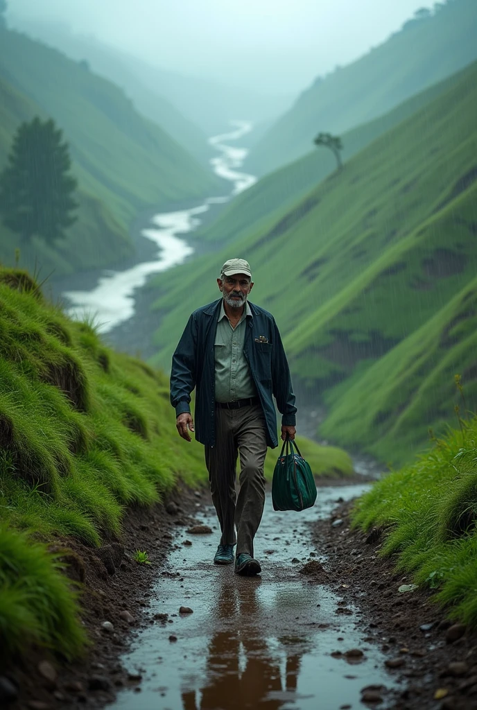 Scene 2: Dr. Sudhir’s Journey**
Animate Dr. Sudhir walking through muddy, rain-soaked paths. He’s drenched in rain, carrying a small medical bag, determined and focused as he navigates swollen rivers and steep trails