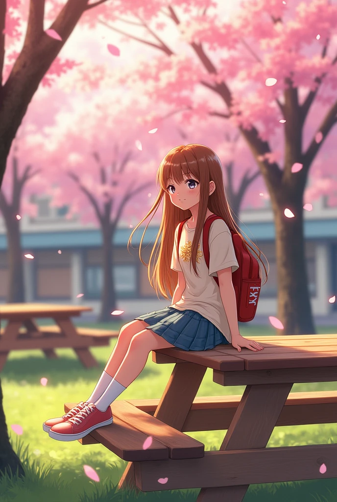 A long-haired middle school student has her legs spread