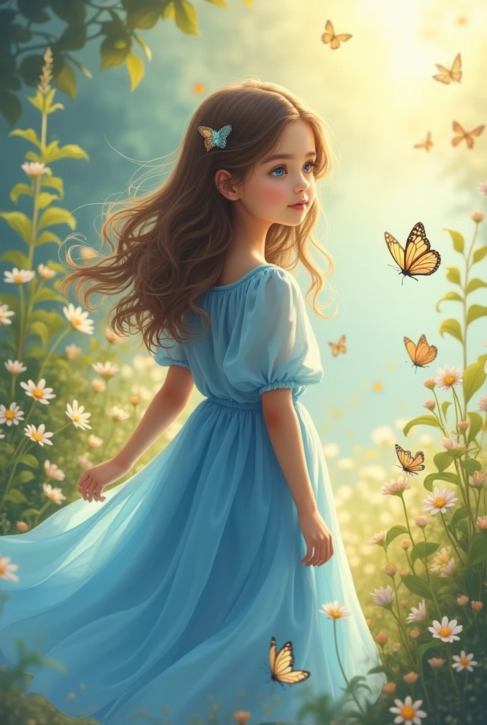 a 16 year old girl in a blue dress, wavy brown hair, blue eyes, soft atmosphere 