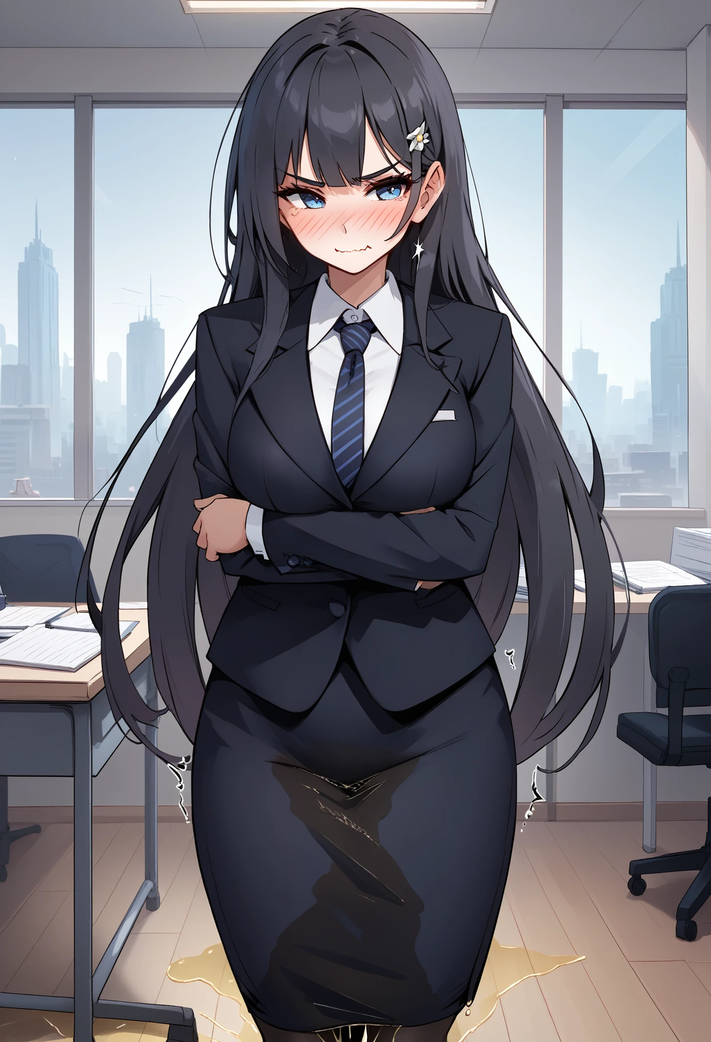 1girl, woman, (wetting self:1.75), desperation, (very long hair:1.5), straight hair, very long bangs, huge breasts, black hair, blue eyes, (black business suit:1.5), necktie, pencil skirt, pantyhose, (blushing:1.5), aroused, orgasm, smirk, wavy mouth, tears, trembling, (arms crossed:1.5), indoors, office, window, cityscape