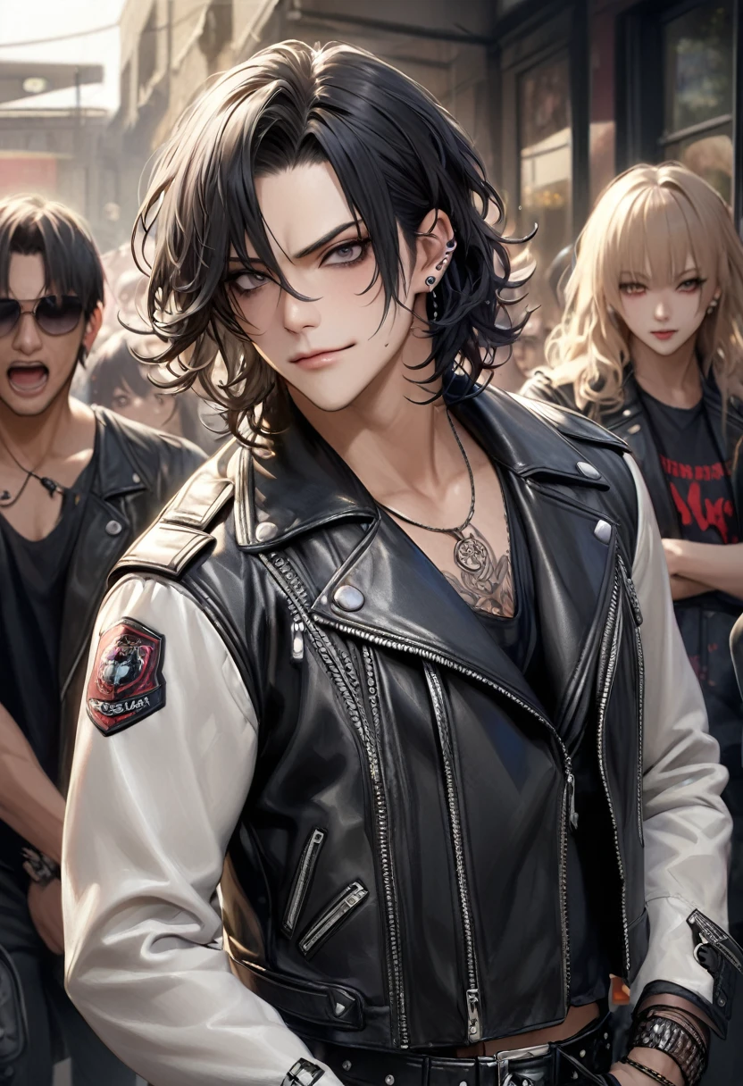 Ultra-high resolution,(Realistic:1.4), ((Highest quality)), ((masterpiece)), Black hair、ruffled fluffy hair、curly hair、Short Hair、Flowing bangs、black eyes、Mature face、Cool guy 、 biker、adultの歳,Short bangs,Cool piercings,Sparkling、Sidelong glance、Alluring、adult、looks strong 、Visual Kei、Handsome、HYDE、Droopy eyes、Singing、Charisma、juvenile、Beardless、Droopy eyes, mascular, leather jacket, biker attire gear,  