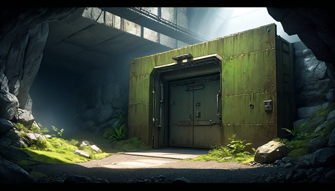 cave, extremely large bunker steel door, door 50x50m, fallout shelter style, cave with vegetation, detailed cave, square bunker entrance, rusted metal, cave, rocky surroundings, early sci-fi, post-apocalyptic style, industrial rivets, bulkhead door, dim lighting, moss-covered rocks, futuristic bunker, solid metal construction, studio lighting, Rembrandt Lighting, rule of thirds composition, detailed objects, cinematic lightning, studio light, sharp focus, logical hands, digital masterpiece, shocking atmosphere, high quality, ultra details