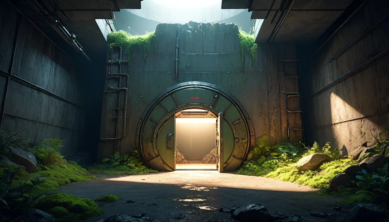 cave, extremely large bunker steel door, door 50x50m, fallout shelter style, cave with vegetation, detailed cave, square bunker entrance, rusted metal, cave, rocky surroundings, early sci-fi, post-apocalyptic style, industrial rivets, bulkhead door, dim lighting, moss-covered rocks, futuristic bunker, solid metal construction, studio lighting, Rembrandt Lighting, rule of thirds composition, detailed objects, cinematic lightning, studio light, sharp focus, logical hands, digital masterpiece, shocking atmosphere, high quality, ultra details