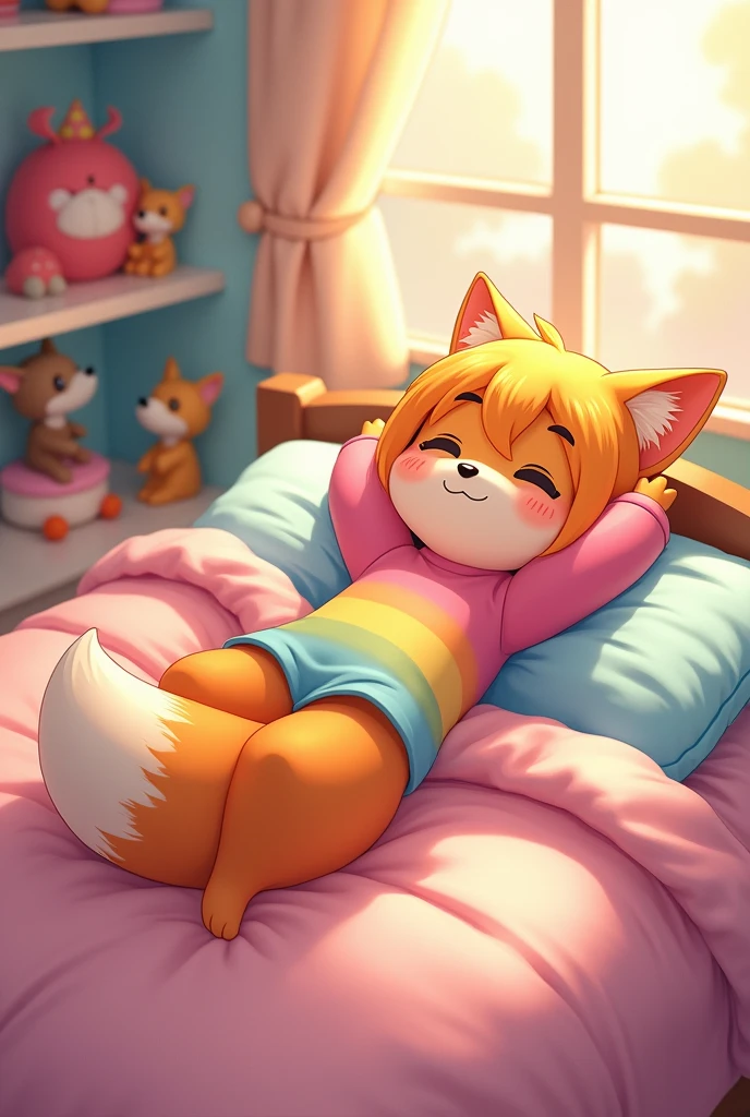 a cartoon 2d anthropomorphic fox girl kid wearing a pink, yellow, and blue gradient shirt laying on her back on top of a bed. She’s pantsless and bottomless. Her underbelly fur is visible.