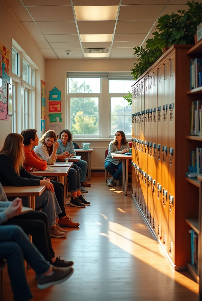 Teachers&#39; lounge with cabinets that have dividers and padlocks 
