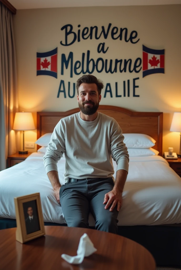 Homme caucasien grand de taille, charmant, un peu costaud, habillé en pantalon et tee-shirt manche longue, is ou adossé sur une table dans une grande chambre d'hôtel et sur la table sur laquelle est assou adossé le charmant homme il faut qu'il y ait un papier mouchoir déjà utilisé sur la table et sur le lit de l'hôtel qu'il soit déposer un cadre photo grand ou moyen qu'il est possible de faire arrêter sur le lit et faire face à la caméra et sur le mur du chevet du lit un tableau sur lequel il est écrit en français : Bienvenue à Melbourne AUSTRALIE et autour de la phrase qu'il y ait les emblèmes du Canada Québec ou le drapeau du Canada Québec