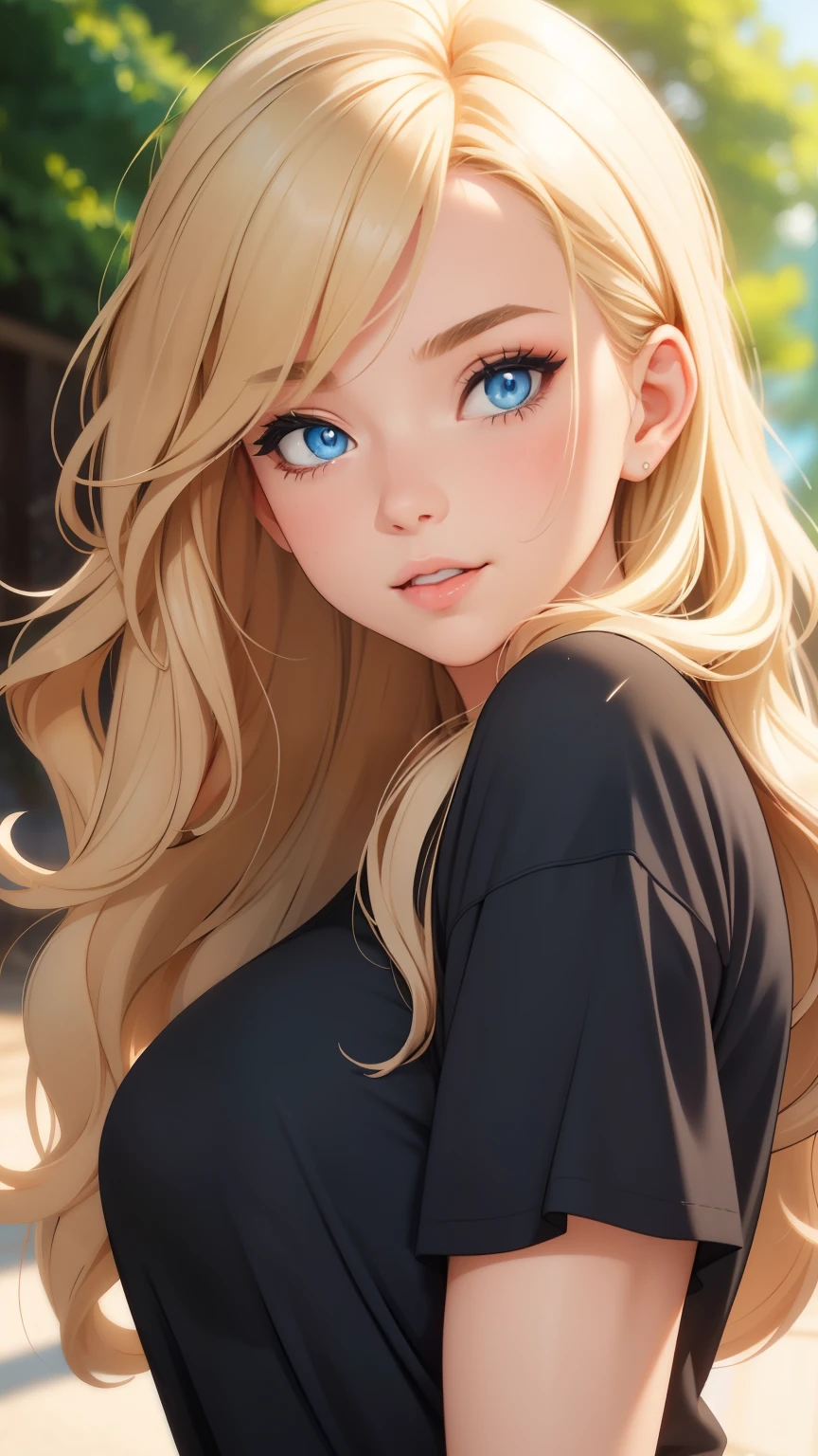 "Create a portrait of a young woman standing outdoors with a confident and warm expression. She has long, wavy blonde hair with a center parting, and she is wearing a simple black t-shirt. The background is a blurred, natural outdoor setting, with soft lighting highlighting her face. The overall mood of the image should be vibrant and engaging, capturing her bright blue eyes and natural makeup look. Ensure the composition focuses primarily on her upper body and face, with the background slightly out of focus to emphasize her features."