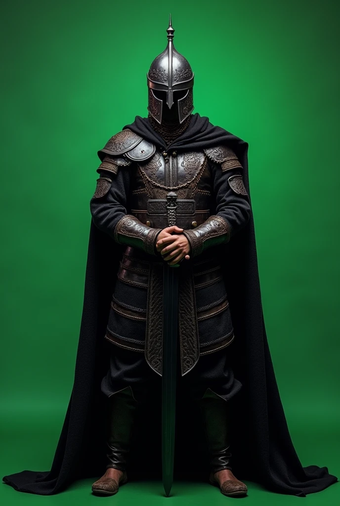 Here's the revised prompt:
"Create a highly detailed and realistic full-body image of a Turkish warrior resembling Ertugrul, dressed in black clothing with a black cape and realistic textures. The warrior should be posed in a T-pose and depicted from a frontal view, with his entire face concealed by an intricately designed helmet. The background should be green."