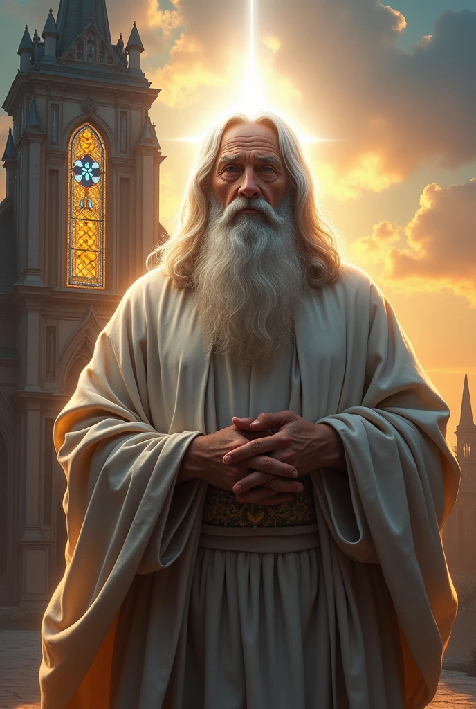 Man with a white aura on his head , very wise , gray hair and behind him his new church called the church of faith eduardona of the last days