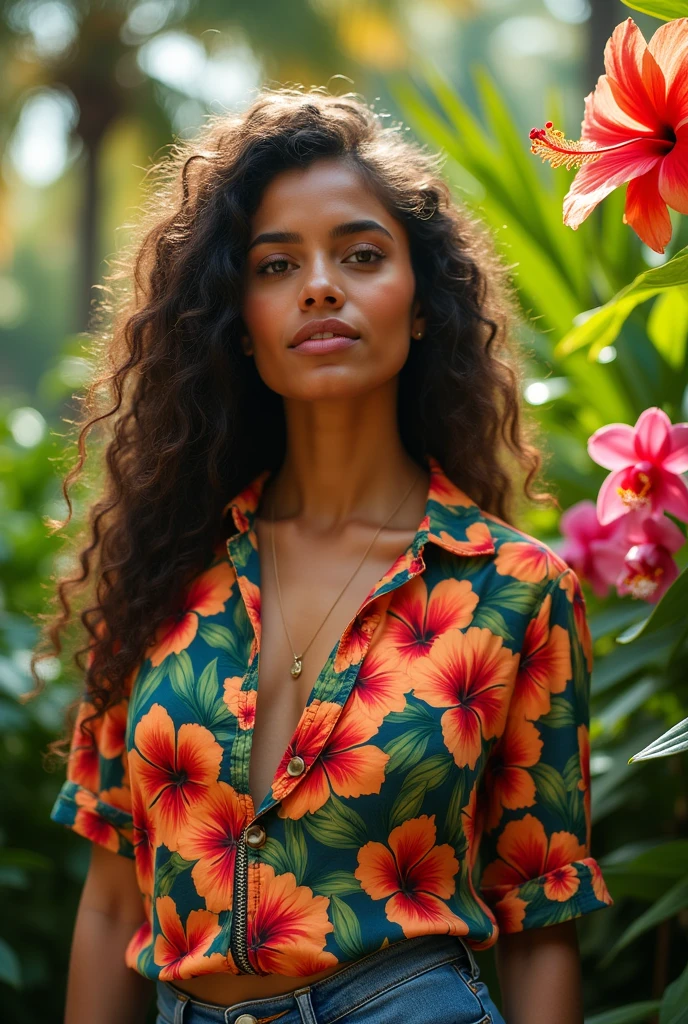 A Brazilian woman in a lush tropical garden, wearing an open shirt with a floral print, with a close-up capturing the harmonious beauty between her breasts and the natural flowers, showing off your natural charm and outgoing personality.