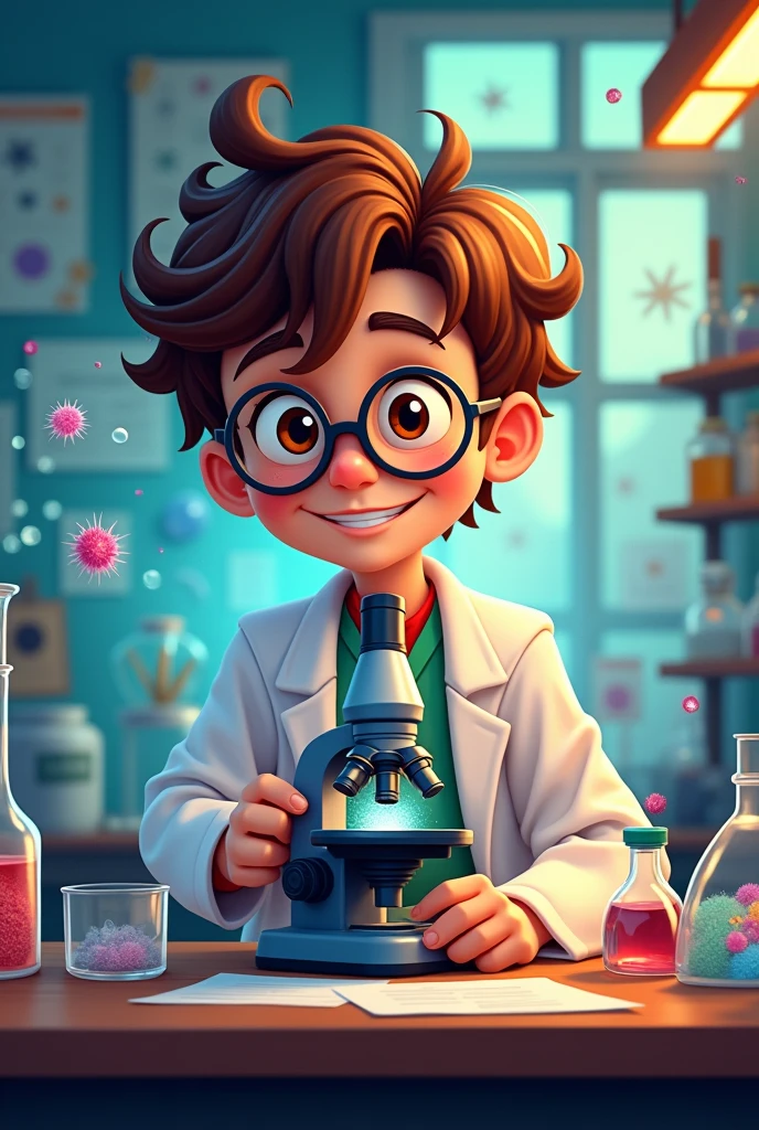
A cartoon drawing of a biologist with a slight smile observing a cell under a microscope, in a lab
