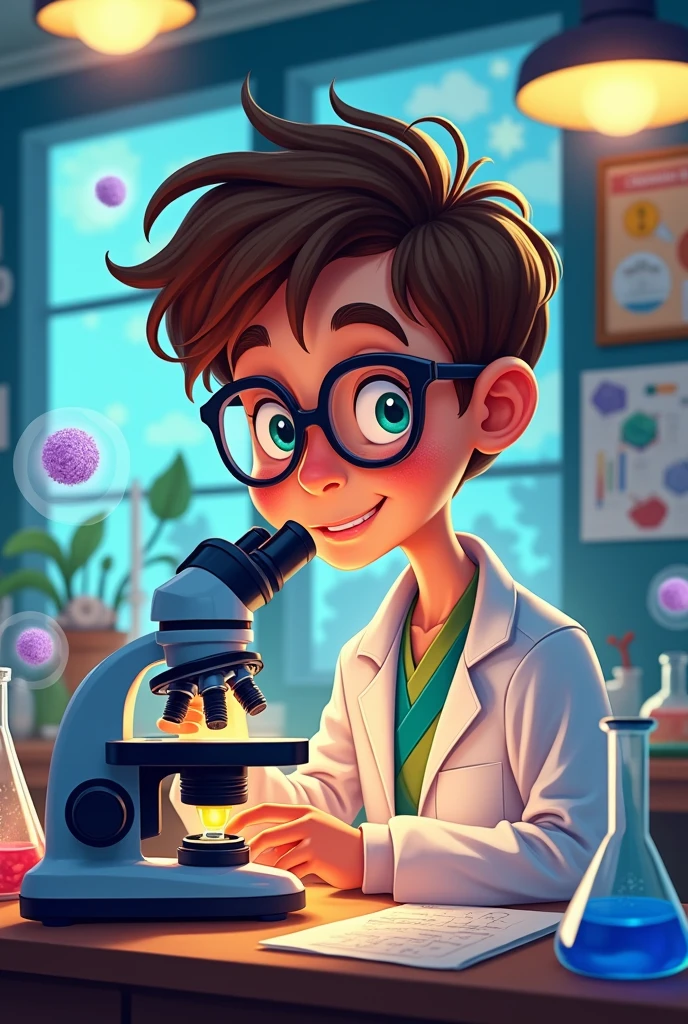 A cartoon drawing of a biologist with a slight smile observing a cell under a microscope, in a lab