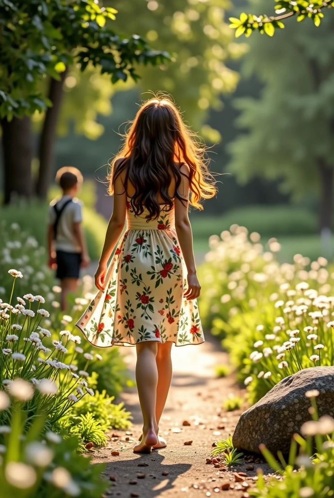 draw me a very beautiful girl walking, and a boy watching her in love, as she walks towards a stone where she will trip because she is distracted by the girl's beauty