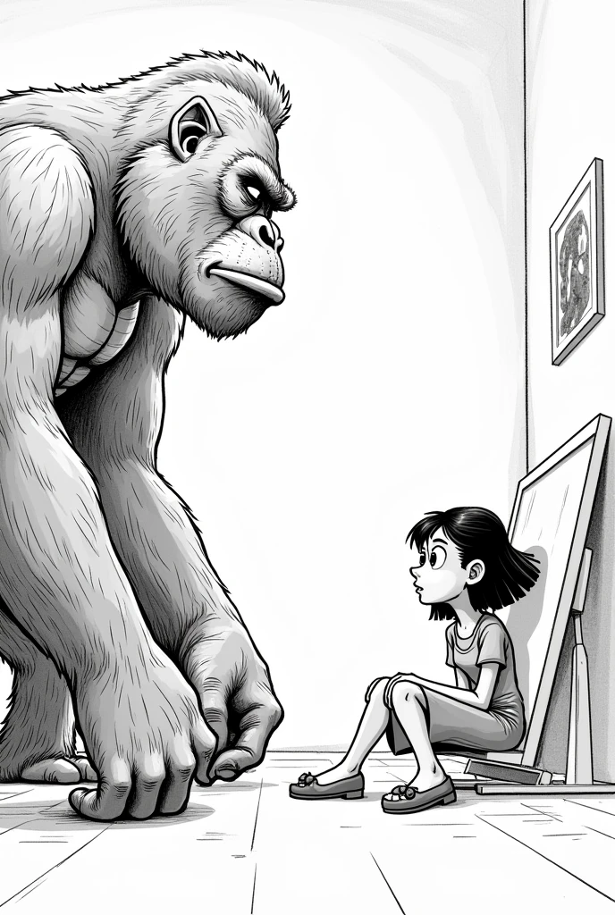 A black and white line drawing, semi-close-up shot (Medium shot):** Kong walked closer. Mint turned, saw him, and startled, quickly got up.