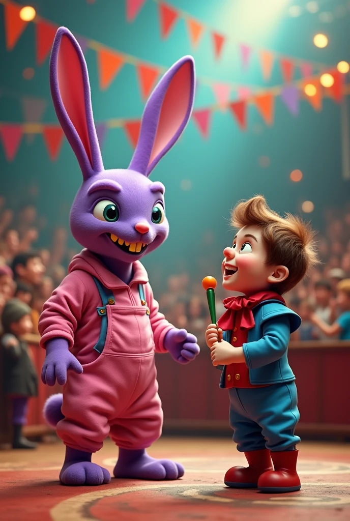 a purple rabbit WITHOUT A NOSE and yellow teeth and eyes wearing humanoid pink farm clothes without a hat and a long body in a circus bothering a short court jester wearing blue and red clothes and brown hair without a clown nose and is a