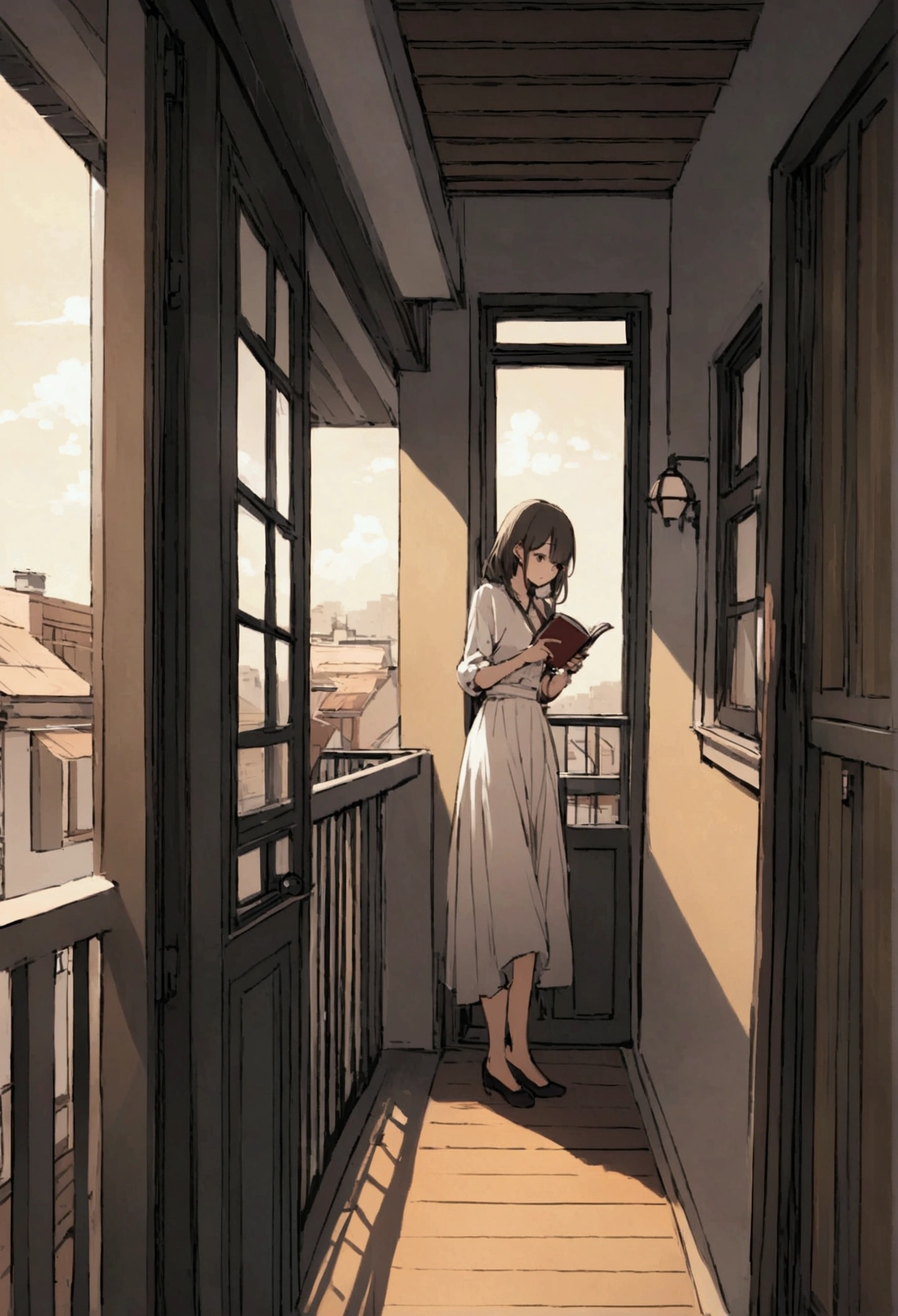 Create a reading a book on the balcony of her apartment